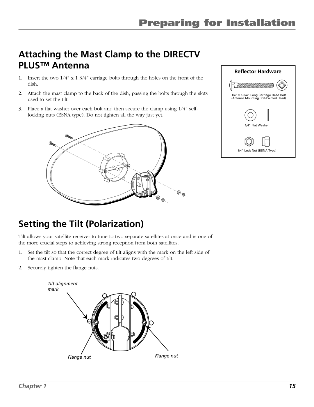 RCA 15407690 manual Attaching the Mast Clamp to the Directv Plus Antenna, Setting the Tilt Polarization, Reflector Hardware 