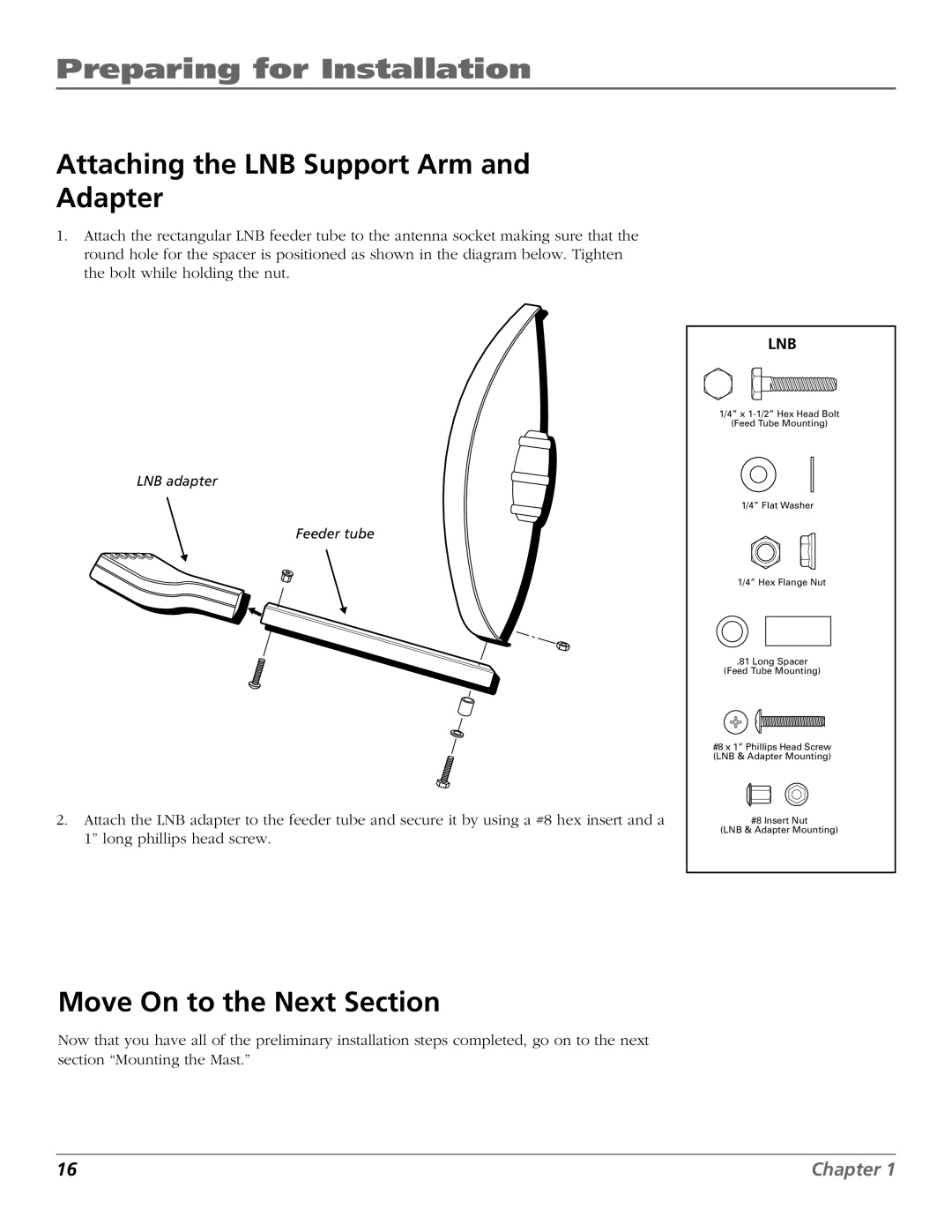 RCA 15407690 manual Attaching the LNB Support Arm and Adapter, Move On to the Next Section 