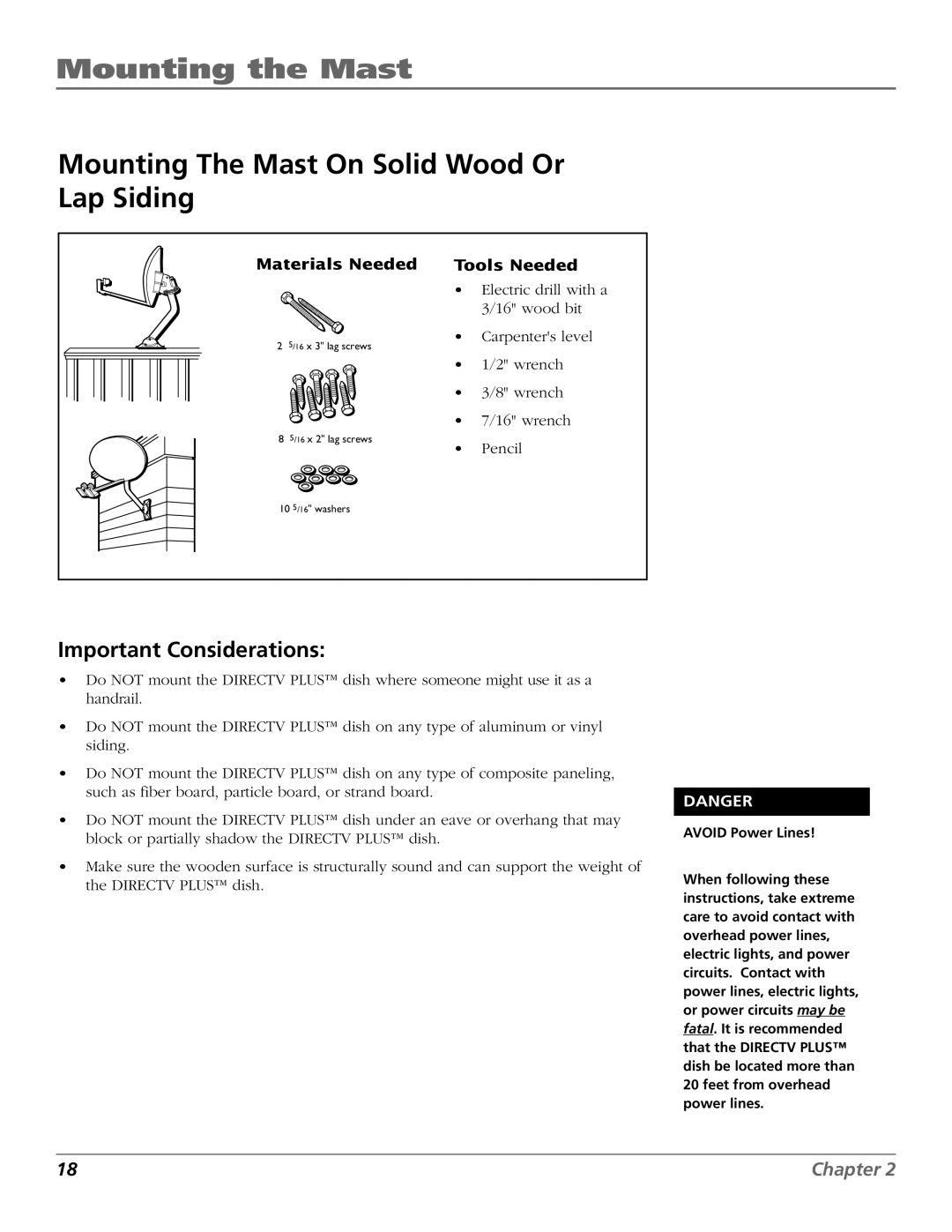 RCA 15407690 manual Mounting The Mast On Solid Wood Or Lap Siding, Important Considerations 