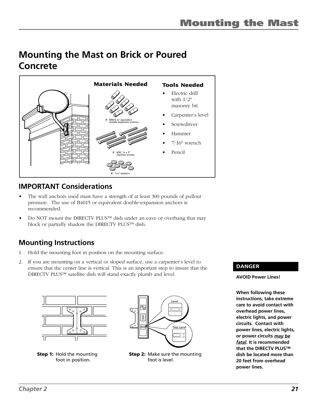 RCA 15407690 manual Mounting the Mast on Brick or Poured Concrete, Important Considerations 