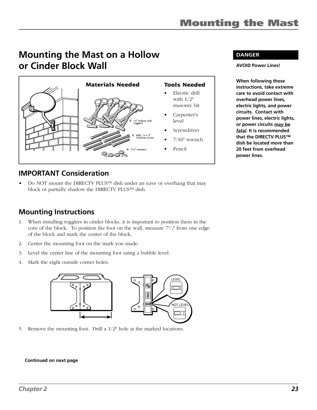 RCA 15407690 manual Mounting the Mast on a Hollow or Cinder Block Wall, Important Consideration 