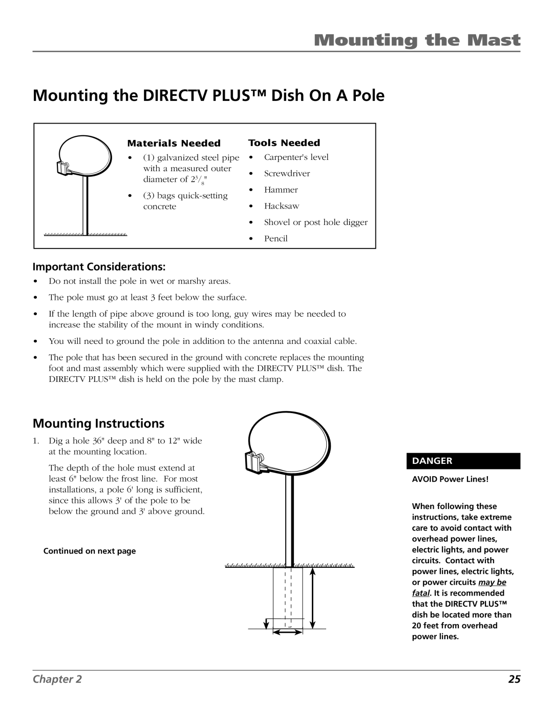 RCA 15407690 manual Mounting the Directv Plus Dish On a Pole, Important Considerations 