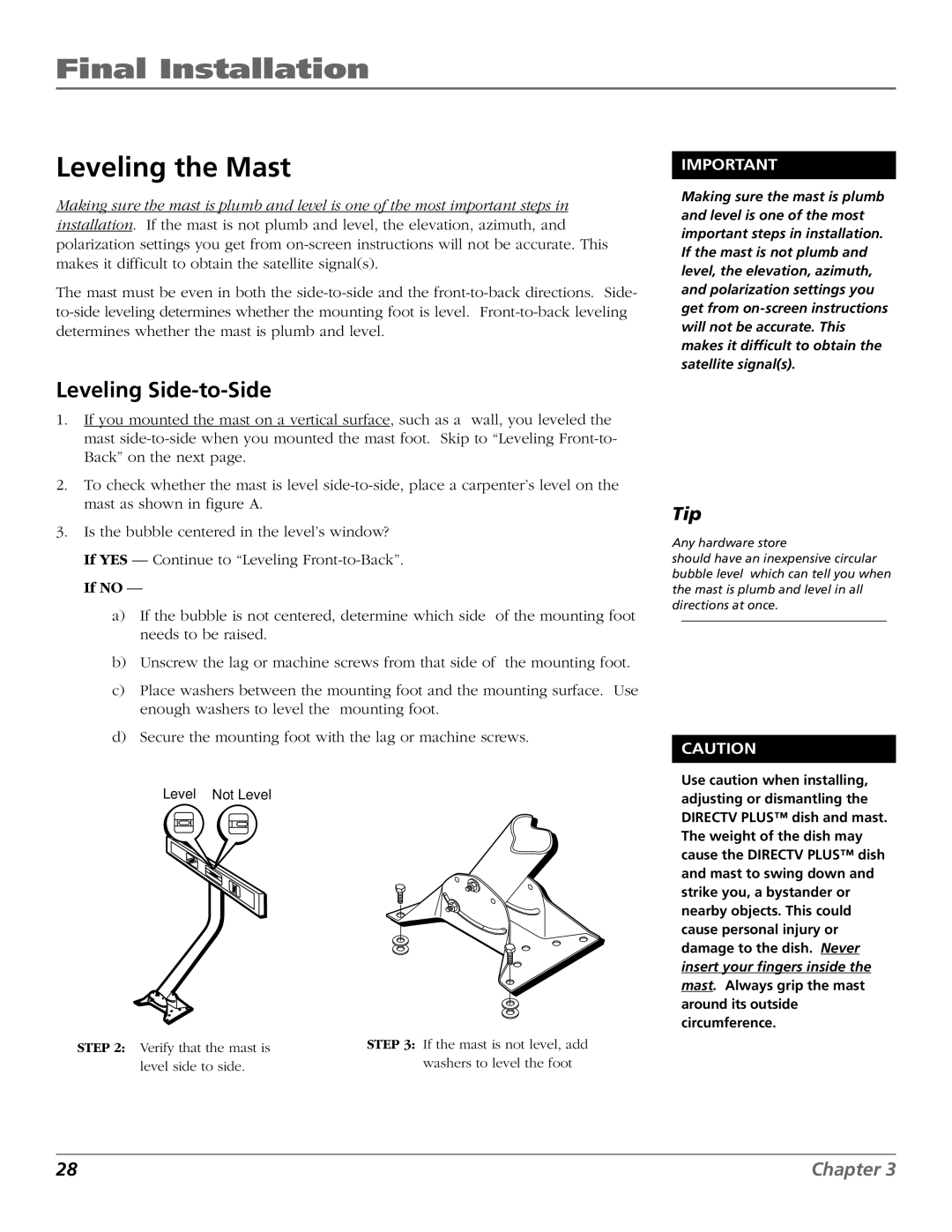 RCA 15407690 manual Leveling the Mast, Leveling Side-to-Side 