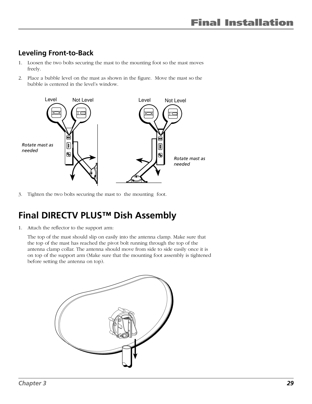 RCA 15407690 manual Final Directv Plus Dish Assembly, Leveling Front-to-Back 