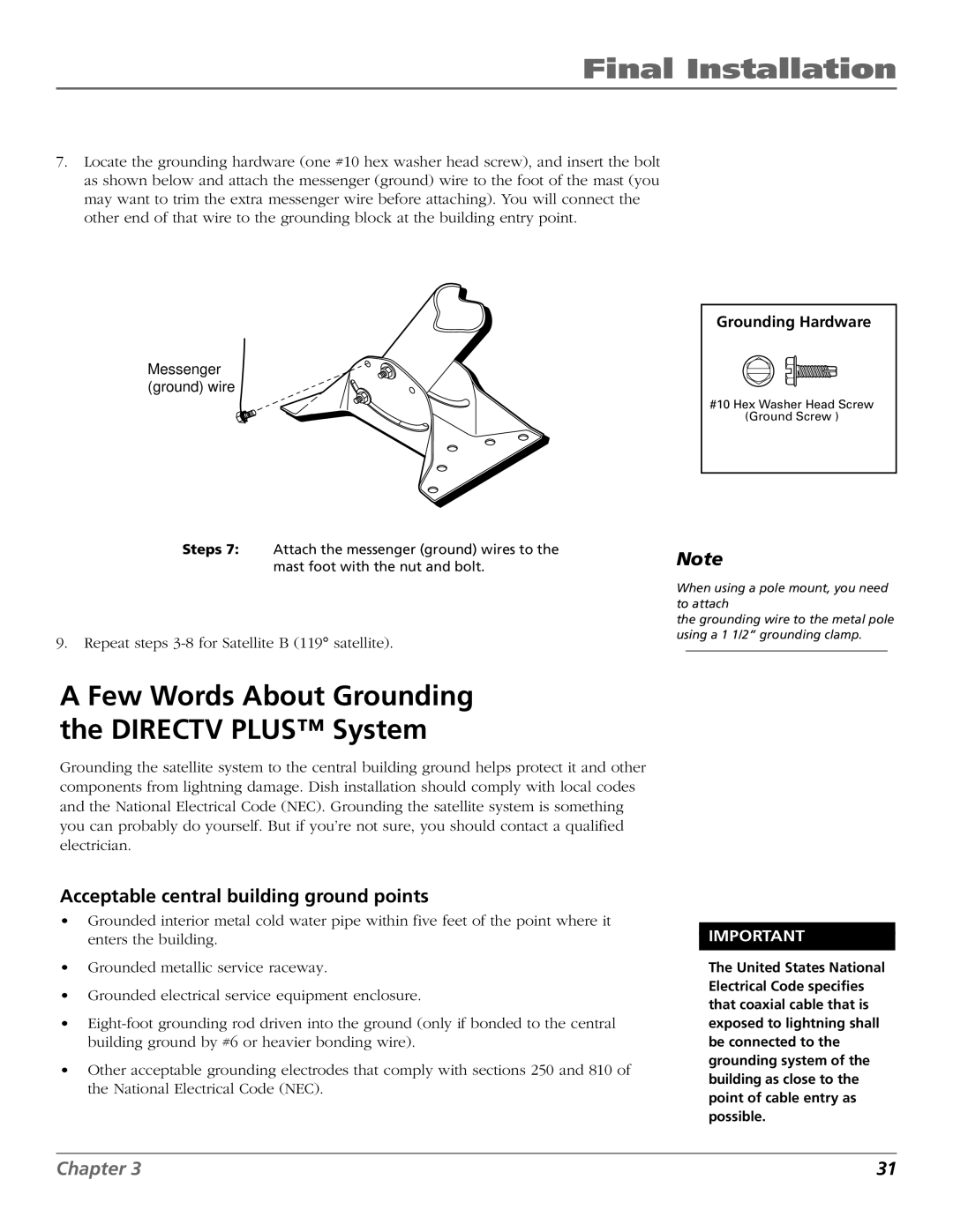 RCA 15407690 manual Acceptable central building ground points, Grounding Hardware 