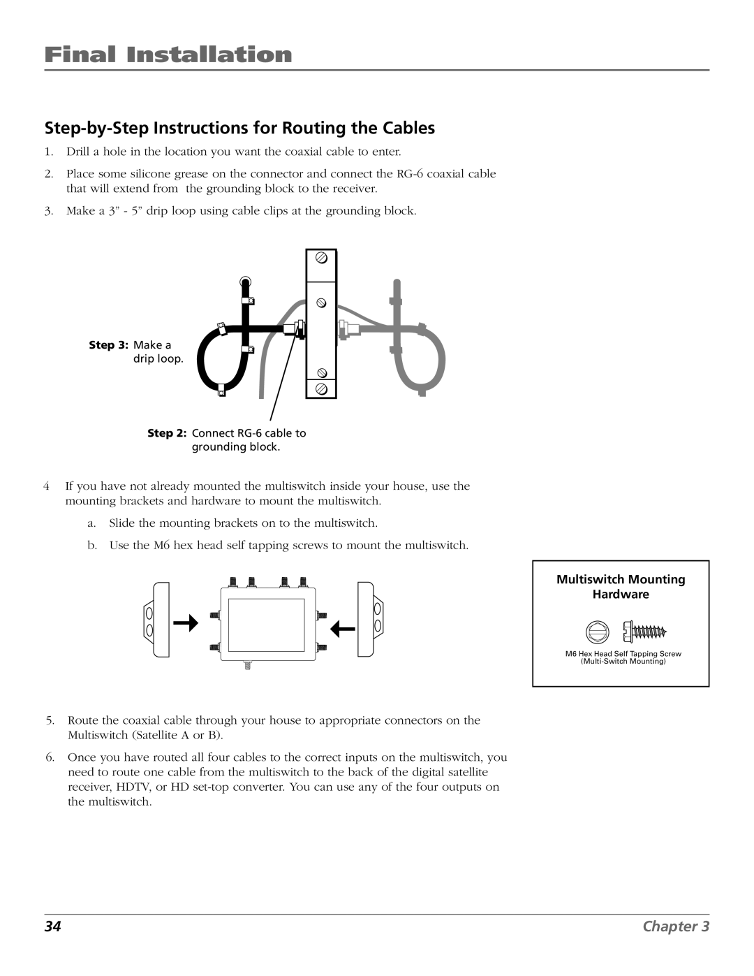 RCA 15407690 manual Step-by-Step Instructions for Routing the Cables, Multiswitch Mounting Hardware 