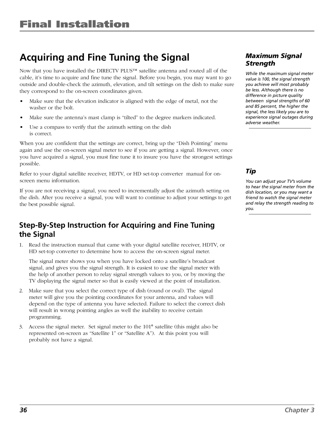 RCA 15407690 manual Acquiring and Fine Tuning the Signal, Maximum Signal Strength 