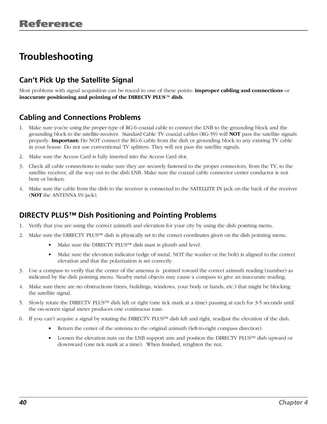 RCA 15407690 manual Troubleshooting, Can’t Pick Up the Satellite Signal, Cabling and Connections Problems 