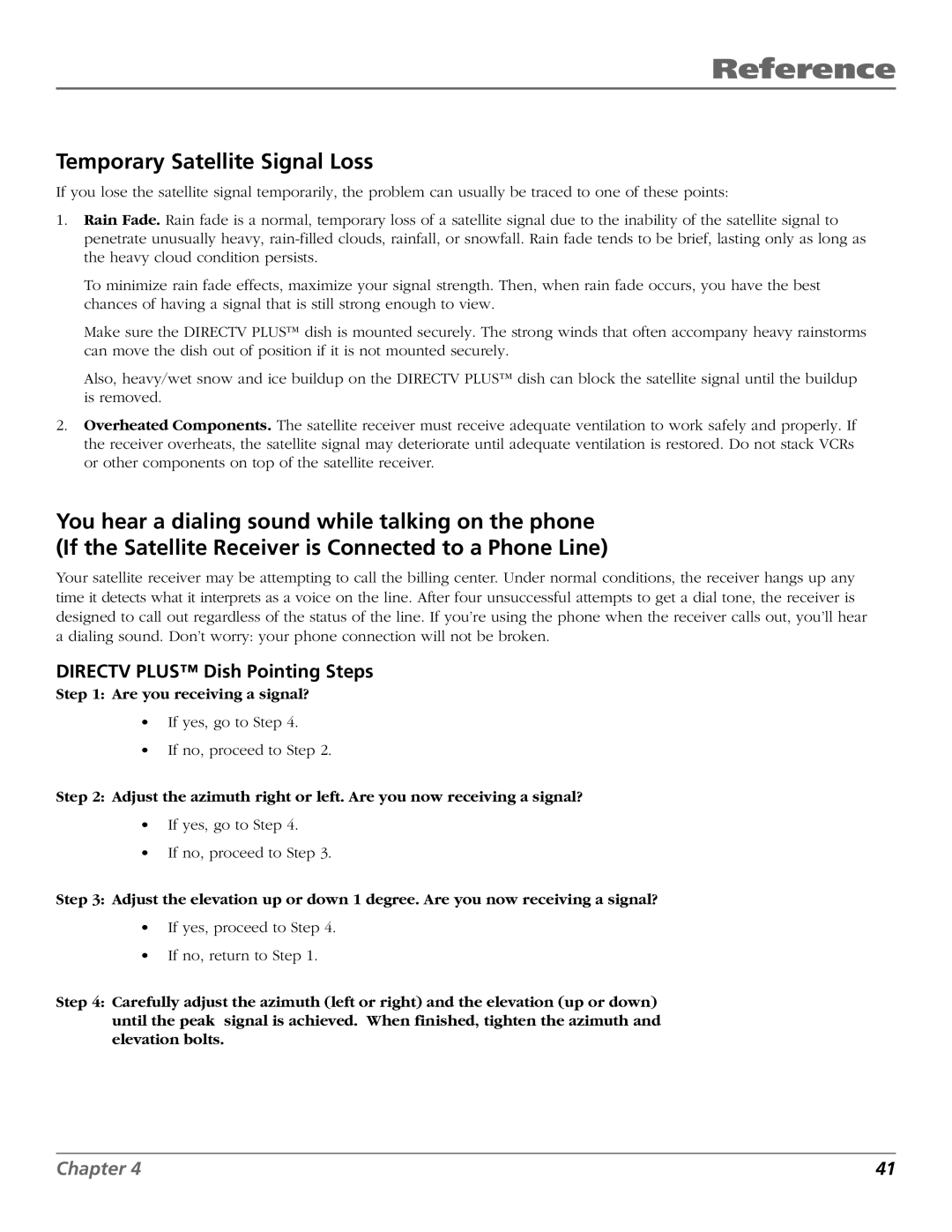 RCA 15407690 manual Temporary Satellite Signal Loss, Directv Plus Dish Pointing Steps 