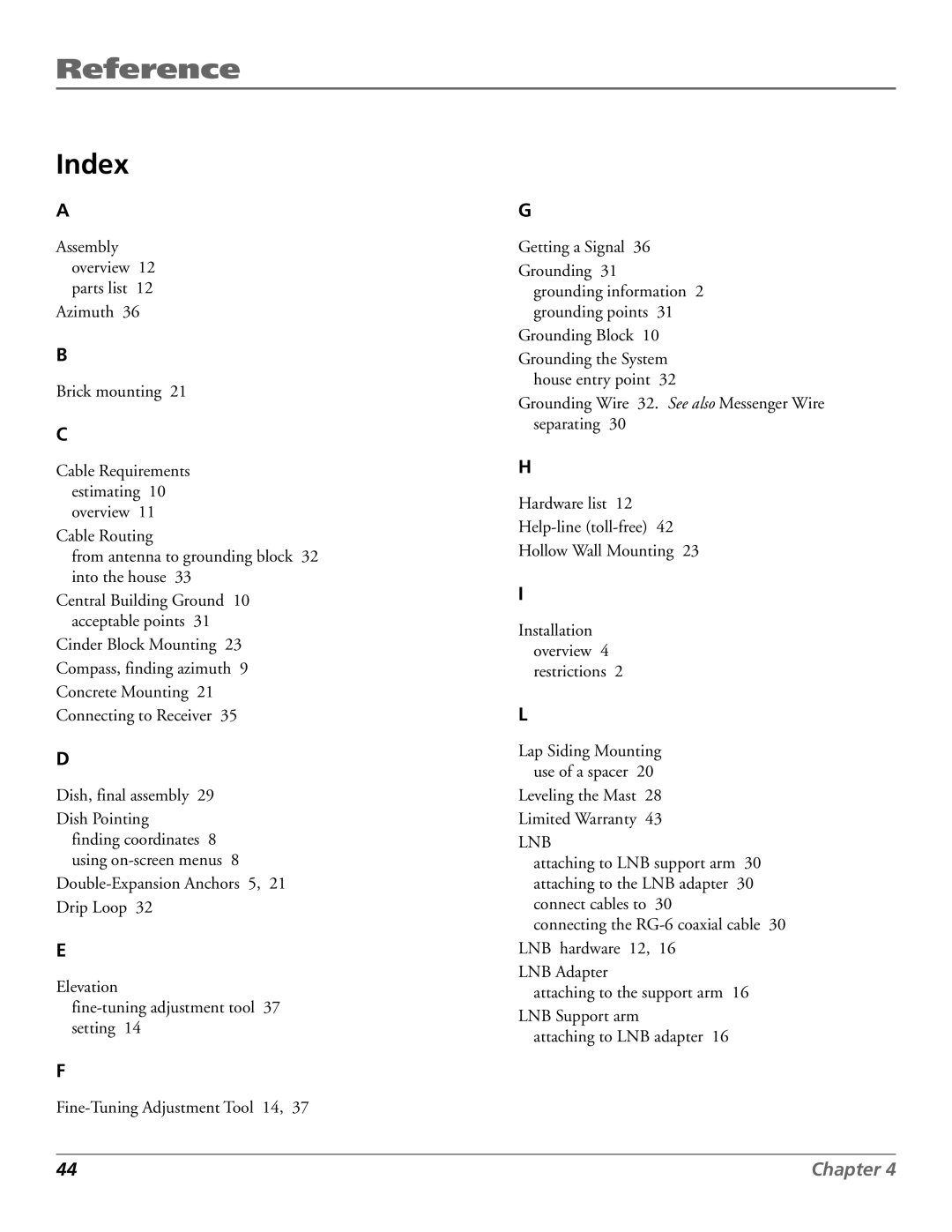 RCA 15407690 manual Index, Lnb 