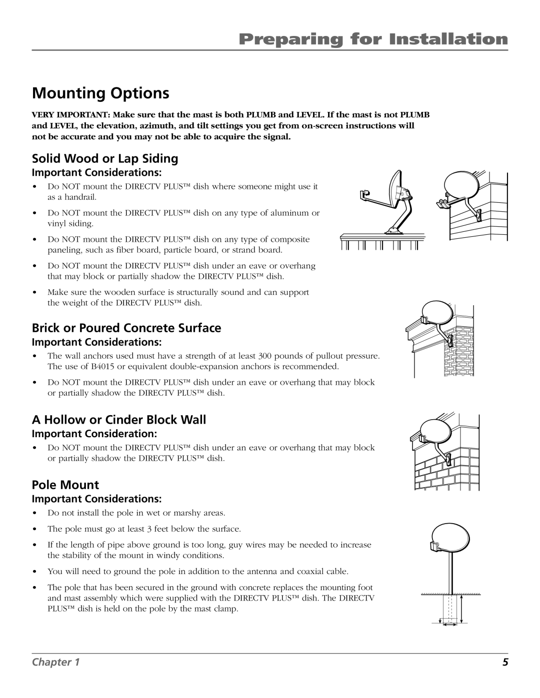 RCA 15407690 Mounting Options, Solid Wood or Lap Siding, Brick or Poured Concrete Surface, Hollow or Cinder Block Wall 