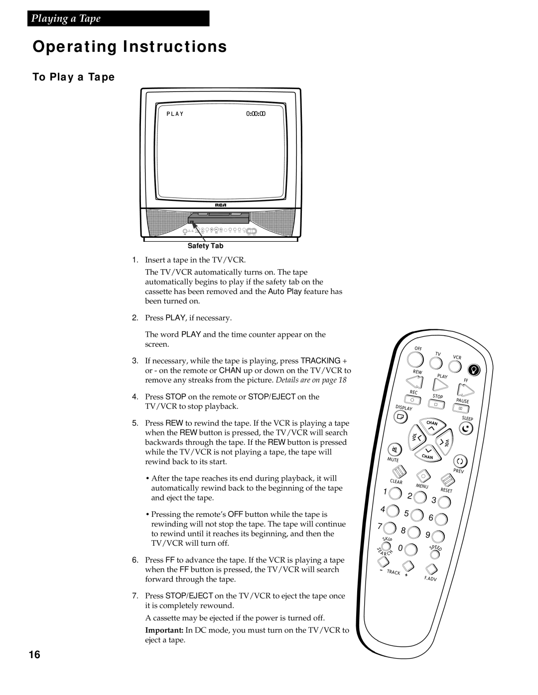 RCA 1543007A manual Operating Instructions, To Play a Tape 