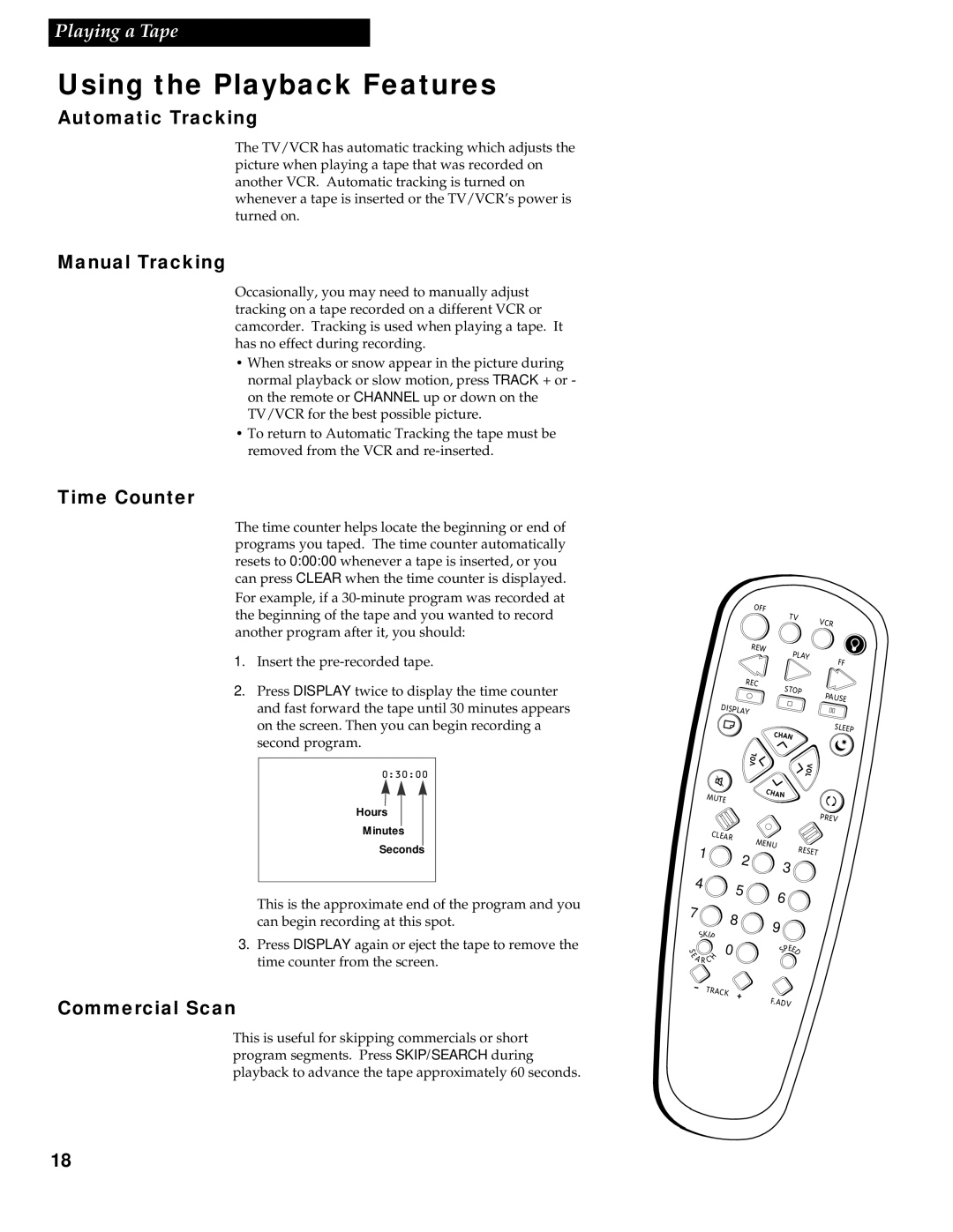 RCA 1543007A manual Automatic Tracking, Manual Tracking, Time Counter, Commercial Scan 