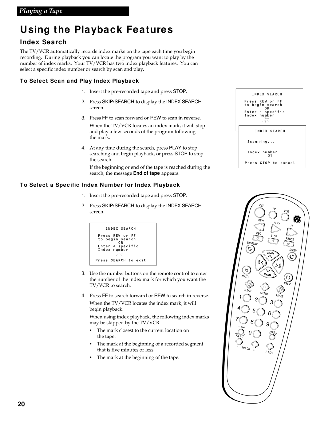 RCA 1543007A manual Press SKIP/SEARCH to display the Index Search screen 