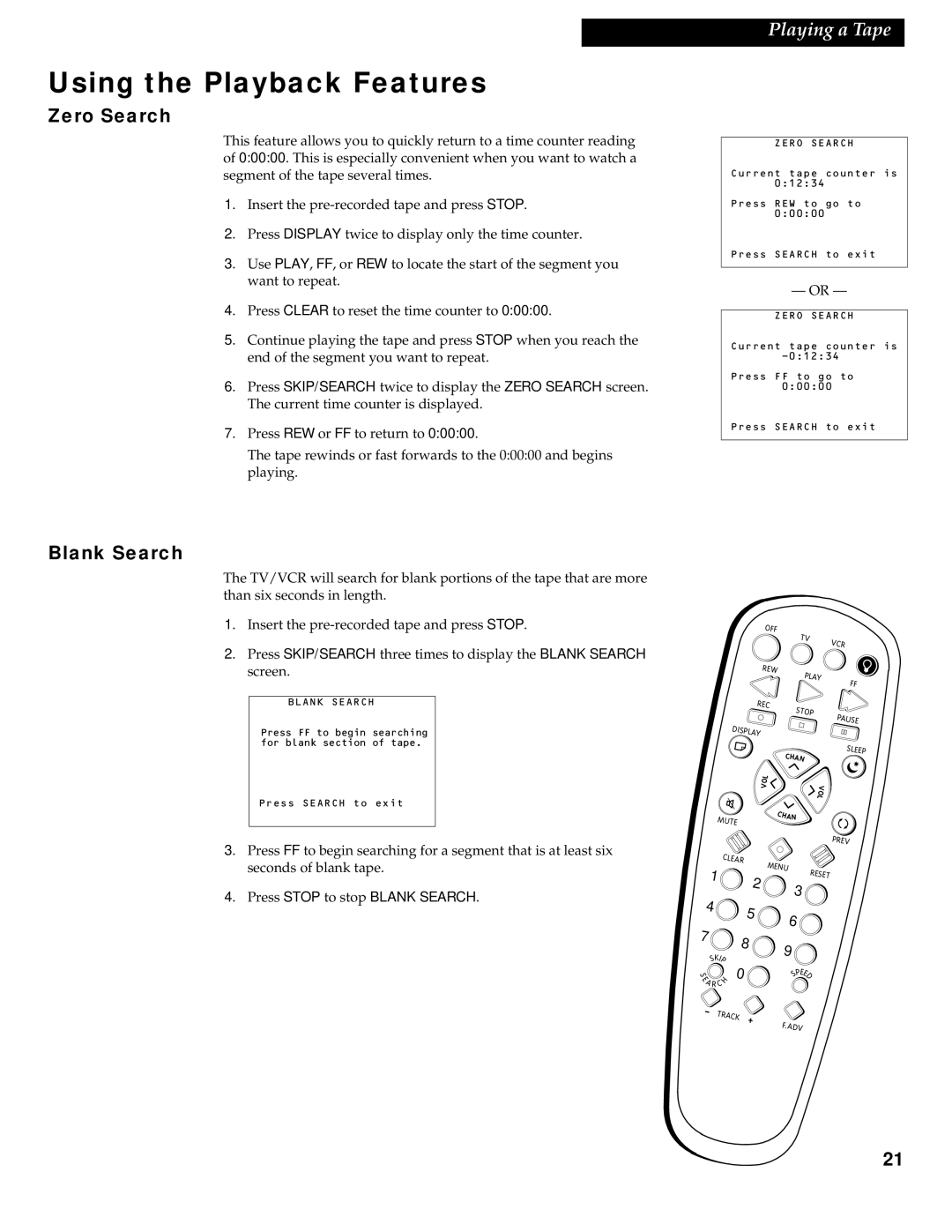 RCA 1543007A manual Zero Search, Press Stop to stop Blank Search 