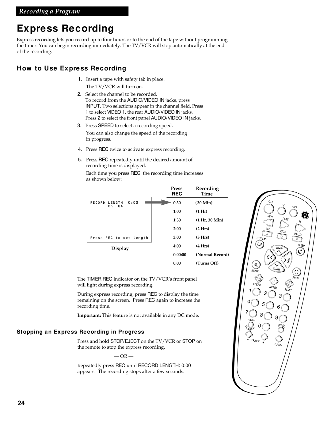 RCA 1543007A manual How to Use Express Recording, Press Recording, Time, Display 