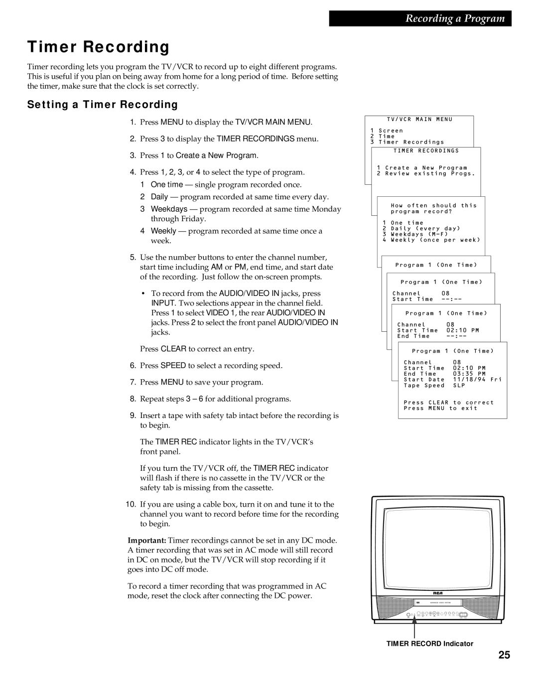 RCA 1543007A manual Setting a Timer Recording, Press 1 to Create a New Program 