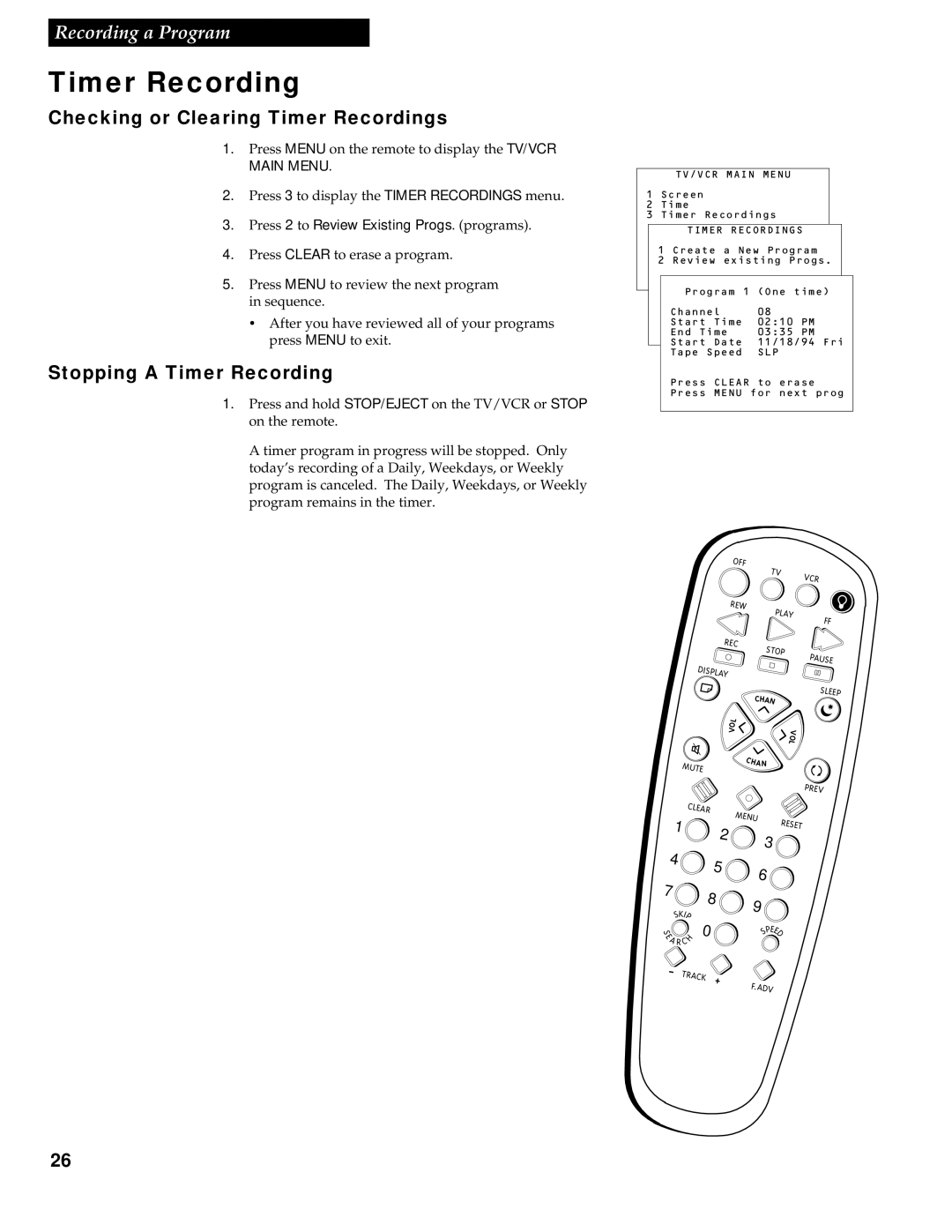 RCA 1543007A Checking or Clearing Timer Recordings, Stopping a Timer Recording, Press 2 to Review Existing Progs. programs 