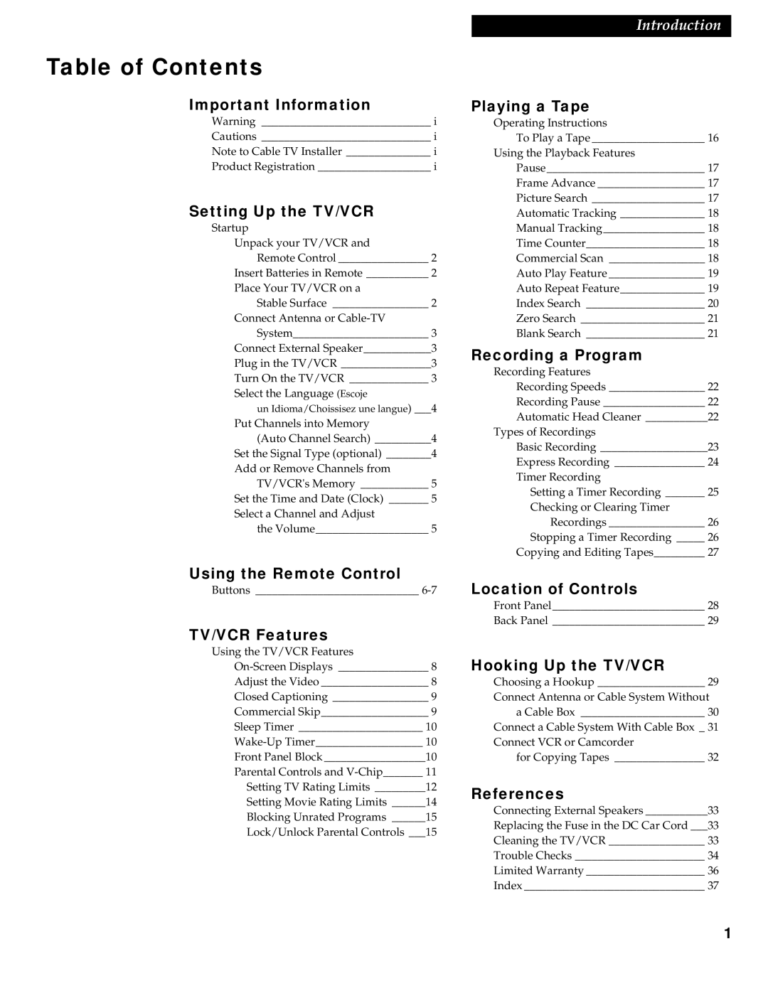 RCA 1543007A manual Table of Contents 