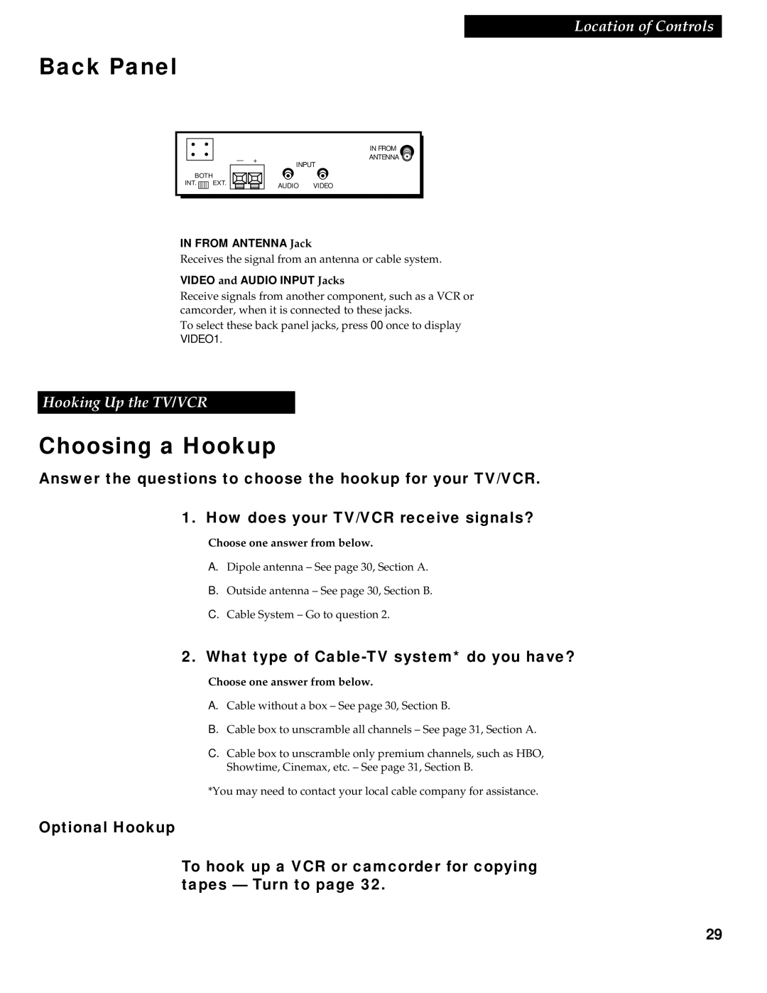 RCA 1543007A manual Back Panel, Choosing a Hookup, What type of Cable-TV system* do you have?, Choose one answer from below 