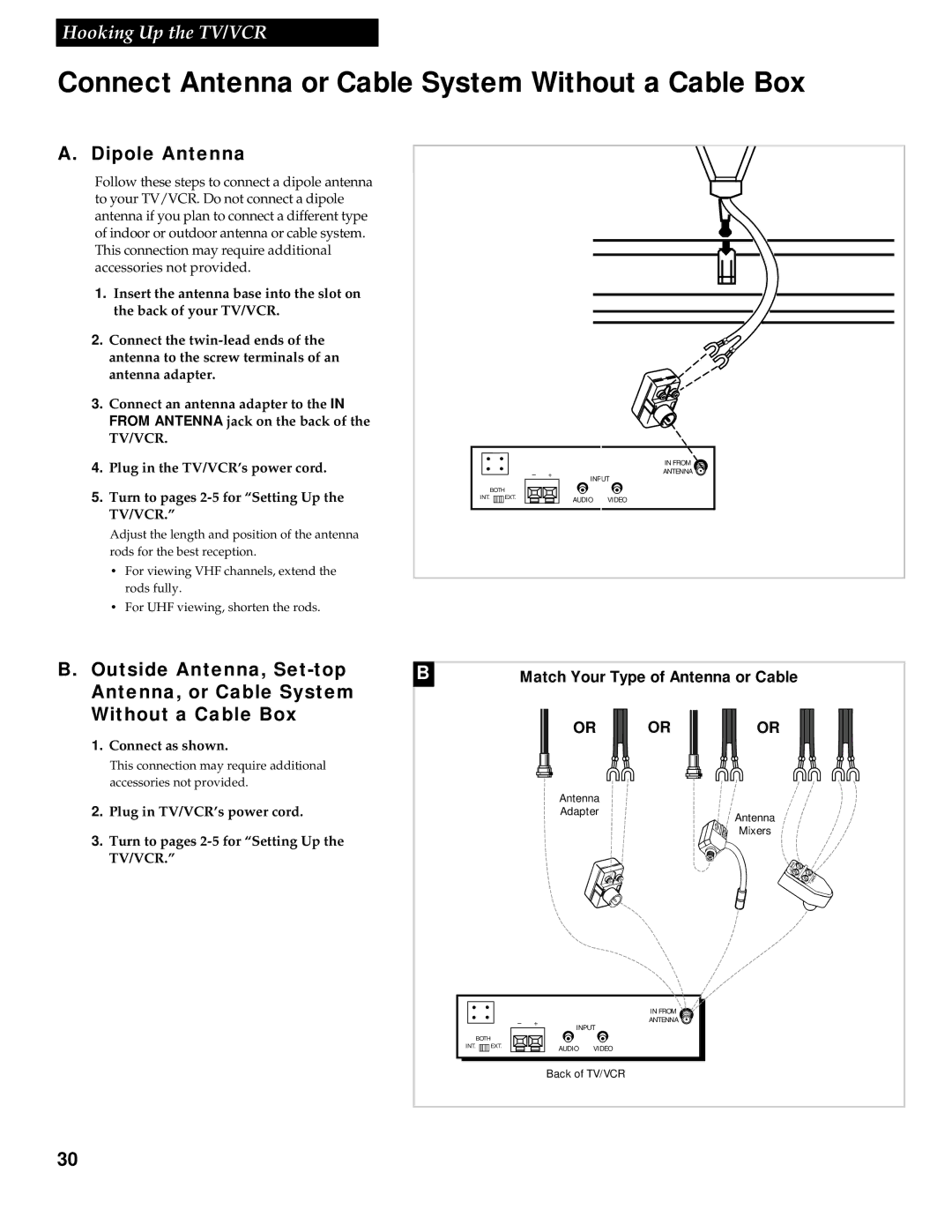 RCA 1543007A manual Connect Antenna or Cable System Without a Cable Box, Dipole Antenna, Connect as shown 