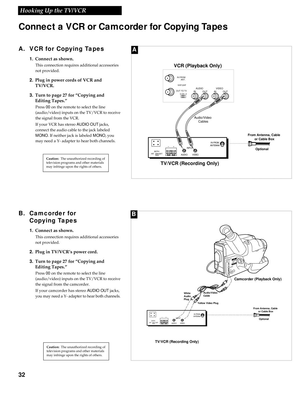 RCA 1543007A manual Connect a VCR or Camcorder for Copying Tapes, VCR for Copying Tapes 