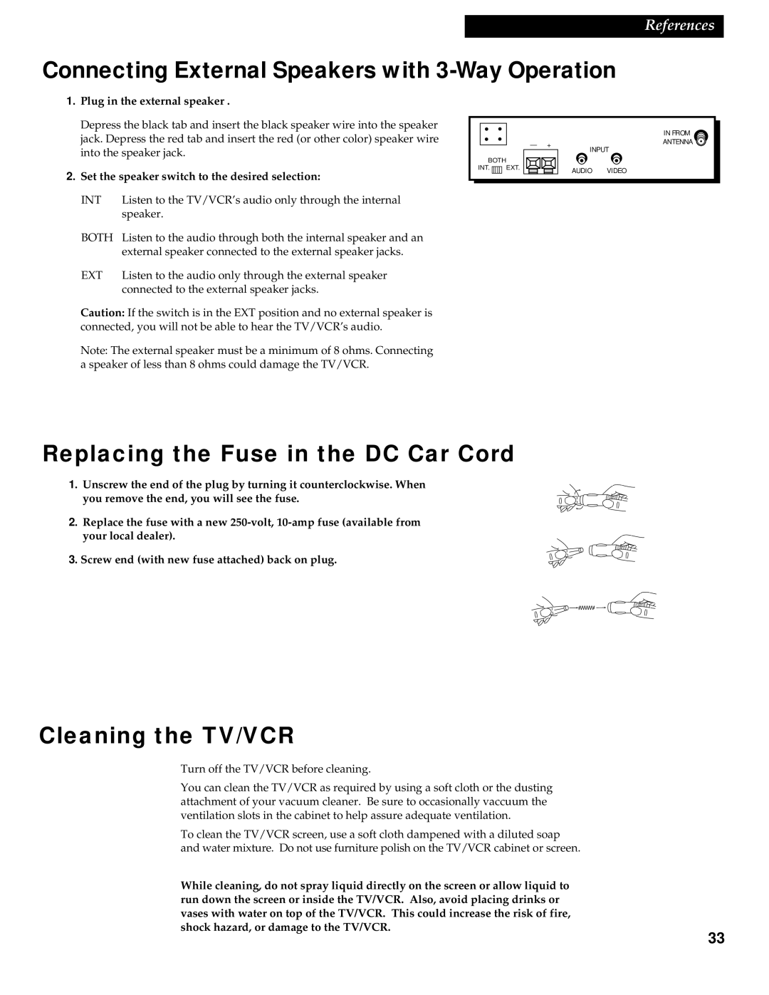 RCA 1543007A Connecting External Speakers with 3-Way Operation, Replacing the Fuse in the DC Car Cord, Cleaning the TV/VCR 