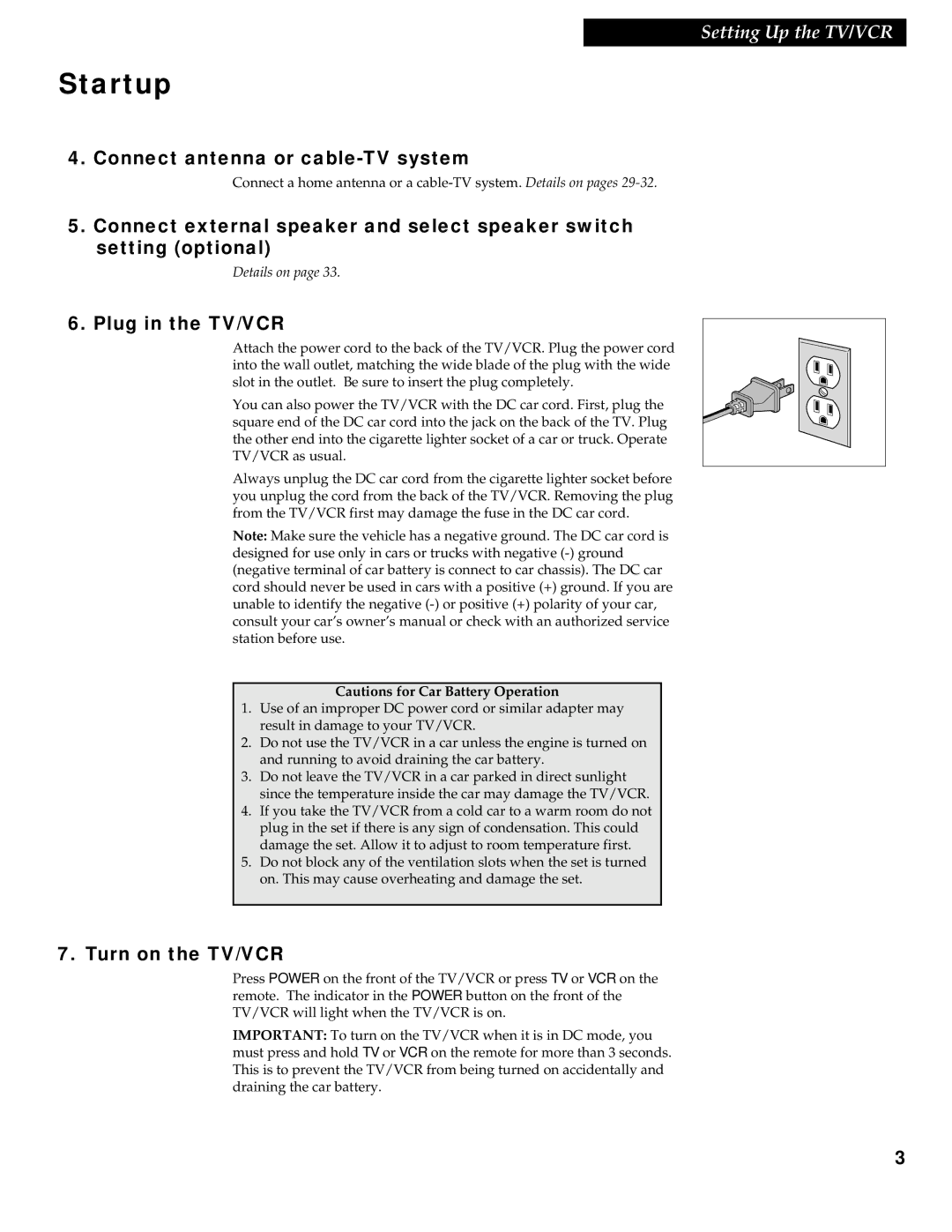 RCA 1543007A manual Connect antenna or cable-TV system, Plug in the TV/VCR, Turn on the TV/VCR 