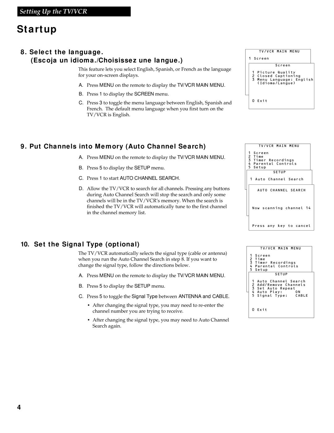 RCA 1543007A Select the language Escoja un idioma./Choisissez une langue, Put Channels into Memory Auto Channel Search 