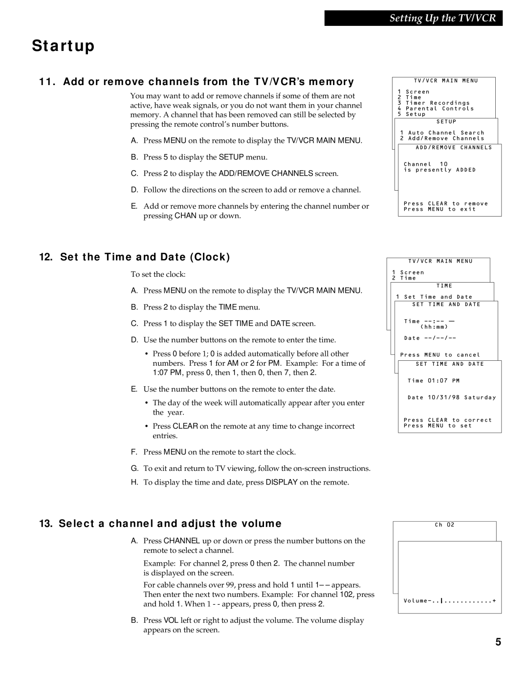 RCA 1543007A manual Add or remove channels from the TV/VCR’s memory, Set the Time and Date Clock 