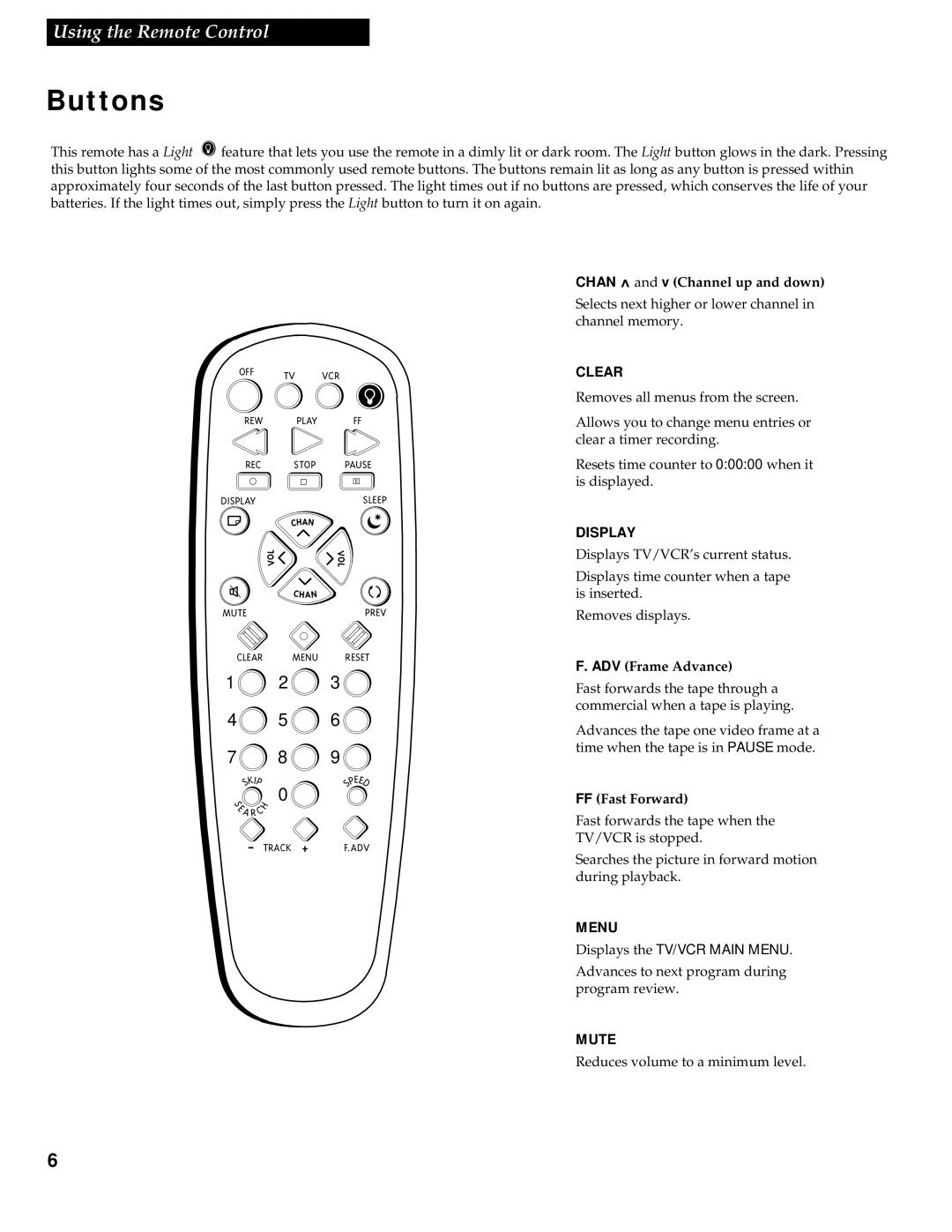 RCA 1543007A Buttons, Chan and v Channel up and down, ADV Frame Advance, FF Fast Forward, Displays the TV/VCR Main Menu 