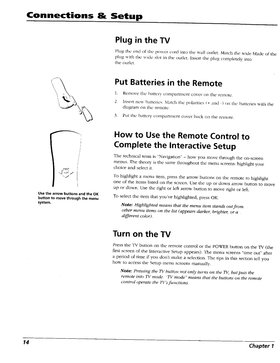 RCA 15491880 manual Connections Setup, Put Batteries in the Remote, Turn on the TV 