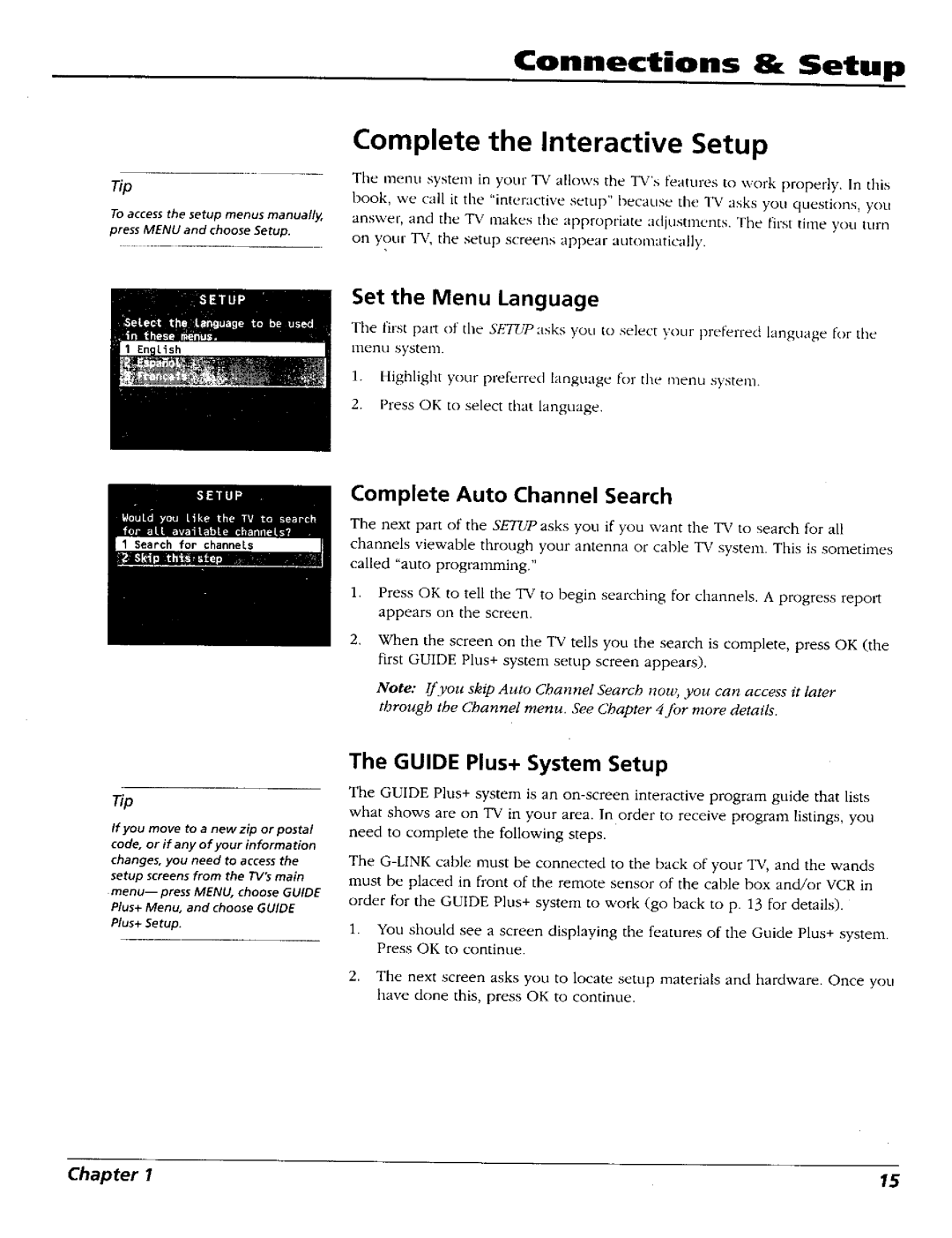 RCA 15491880 manual Set the Menu Language, Complete Auto Channel Search, Guide Plus+ System Setup 