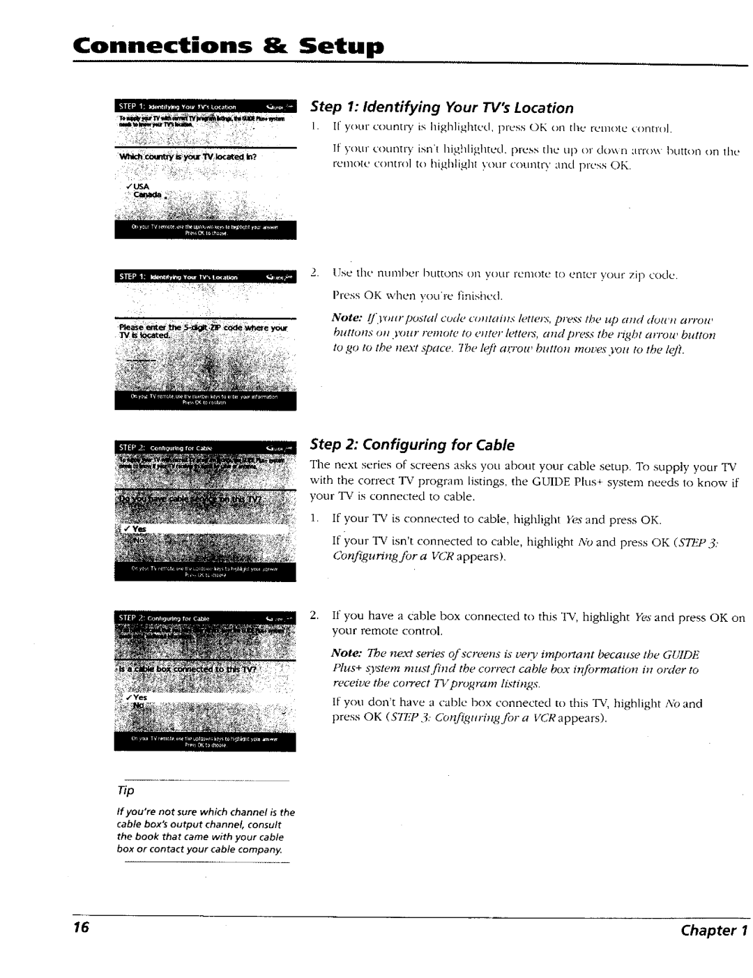 RCA 15491880 manual Configuring for Cable, Identifying Your TVs Location 