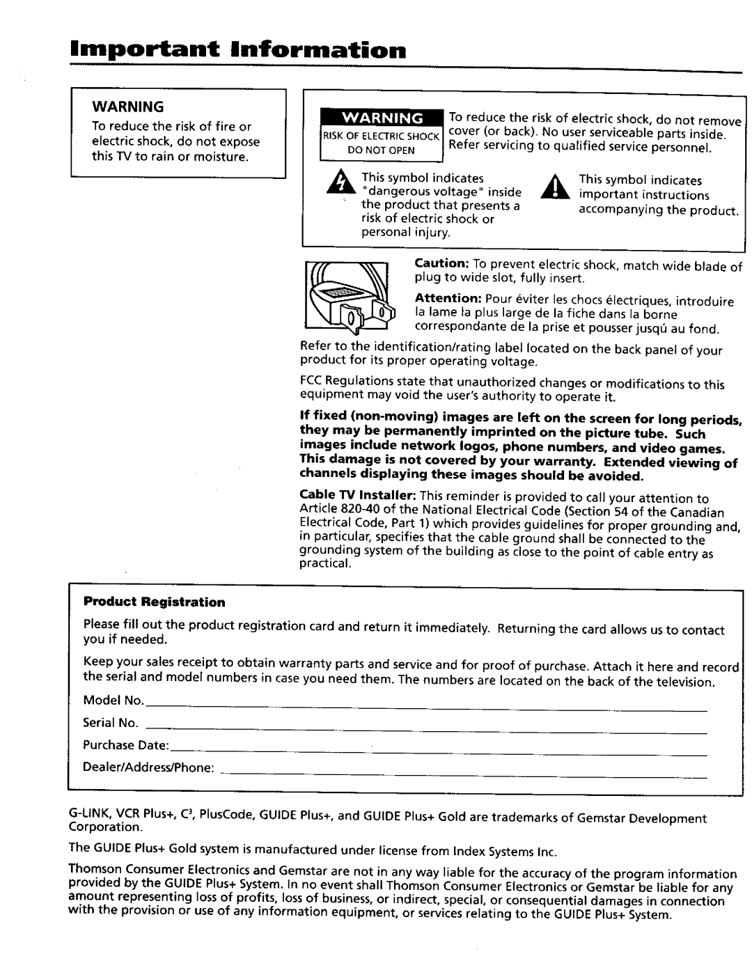 RCA 15491880 manual Important Information, Product Registration, You if needed 