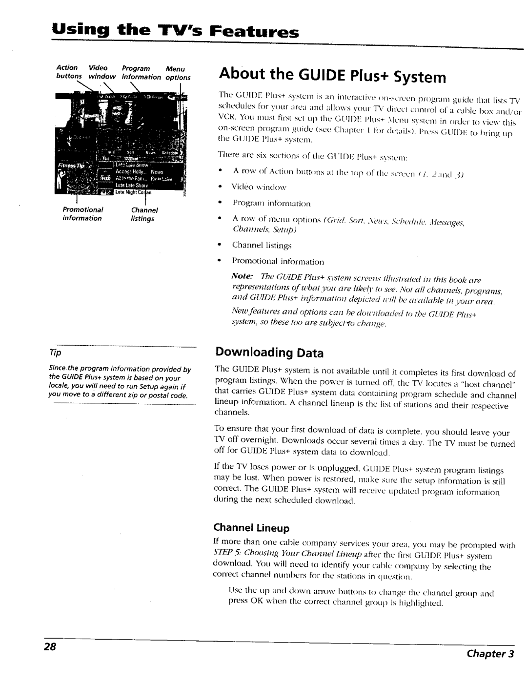 RCA 15491880 manual Using the TVs, Features, About the Guide Plus+ System, Downloading Data, Channel Lineup 