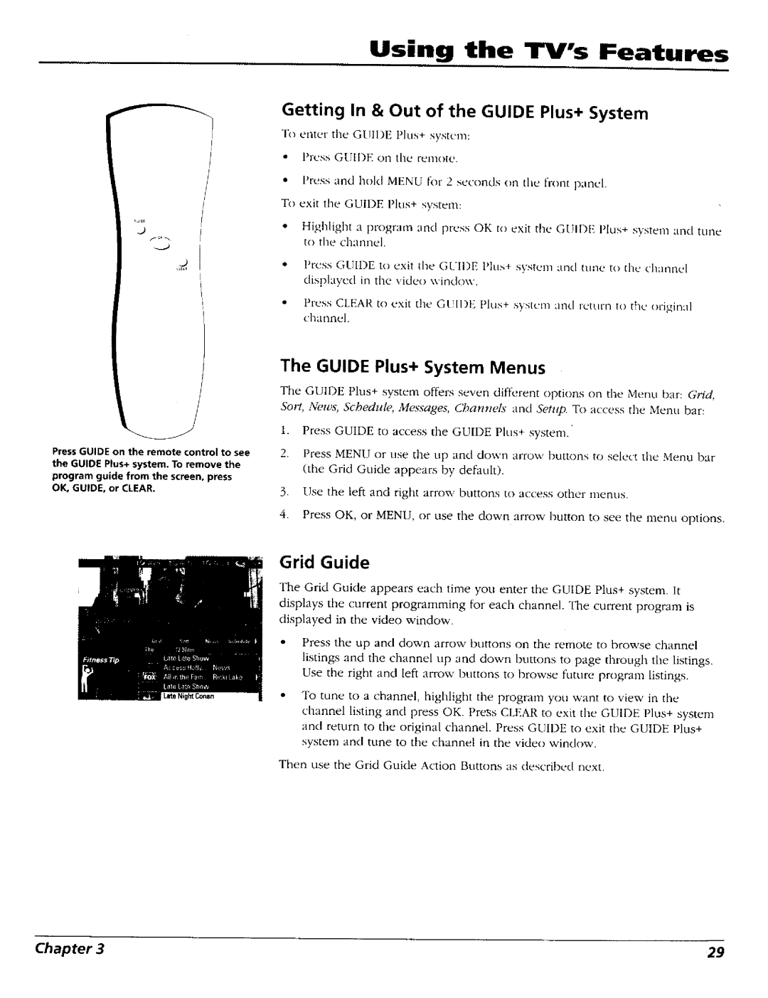 RCA 15491880 Using the TVs Features, Grid Guide, Getting In & Out of the Guide Plus+ System, Guide Plus+ System Menus 