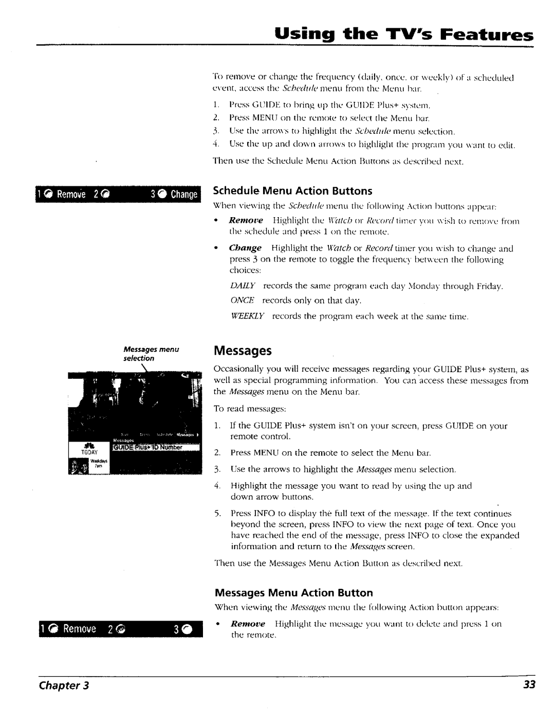 RCA 15491880 manual Schedule Menu Action Buttons, Messages Menu Action Button 