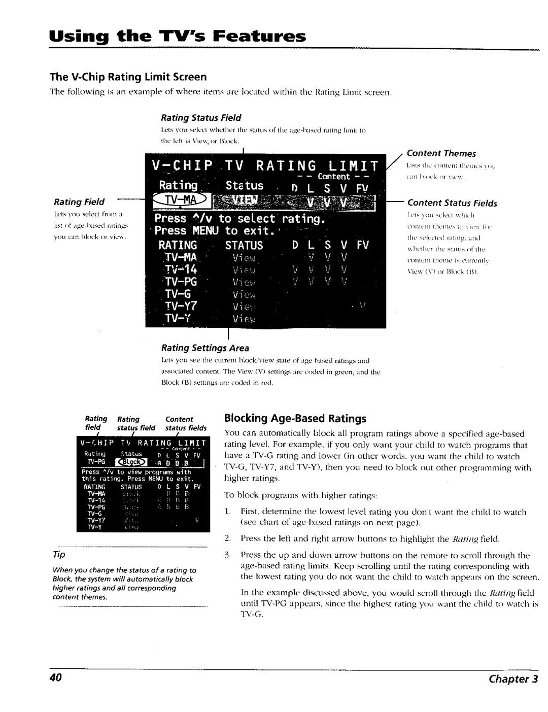 RCA 15491880 manual V-Chip Rating Limit Screen, Blocking Age-Based Ratings 