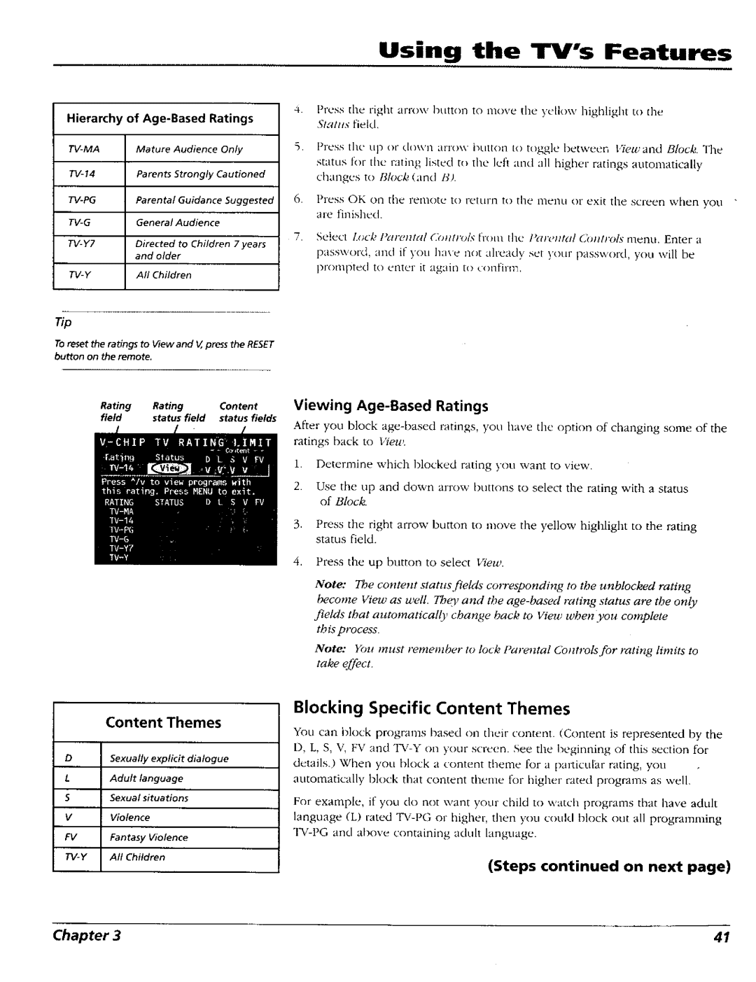 RCA 15491880 Blocking Specific Content Themes, Viewing Age-Based Ratings, Steps on next, Hierarchy of Age-Based Ratings 