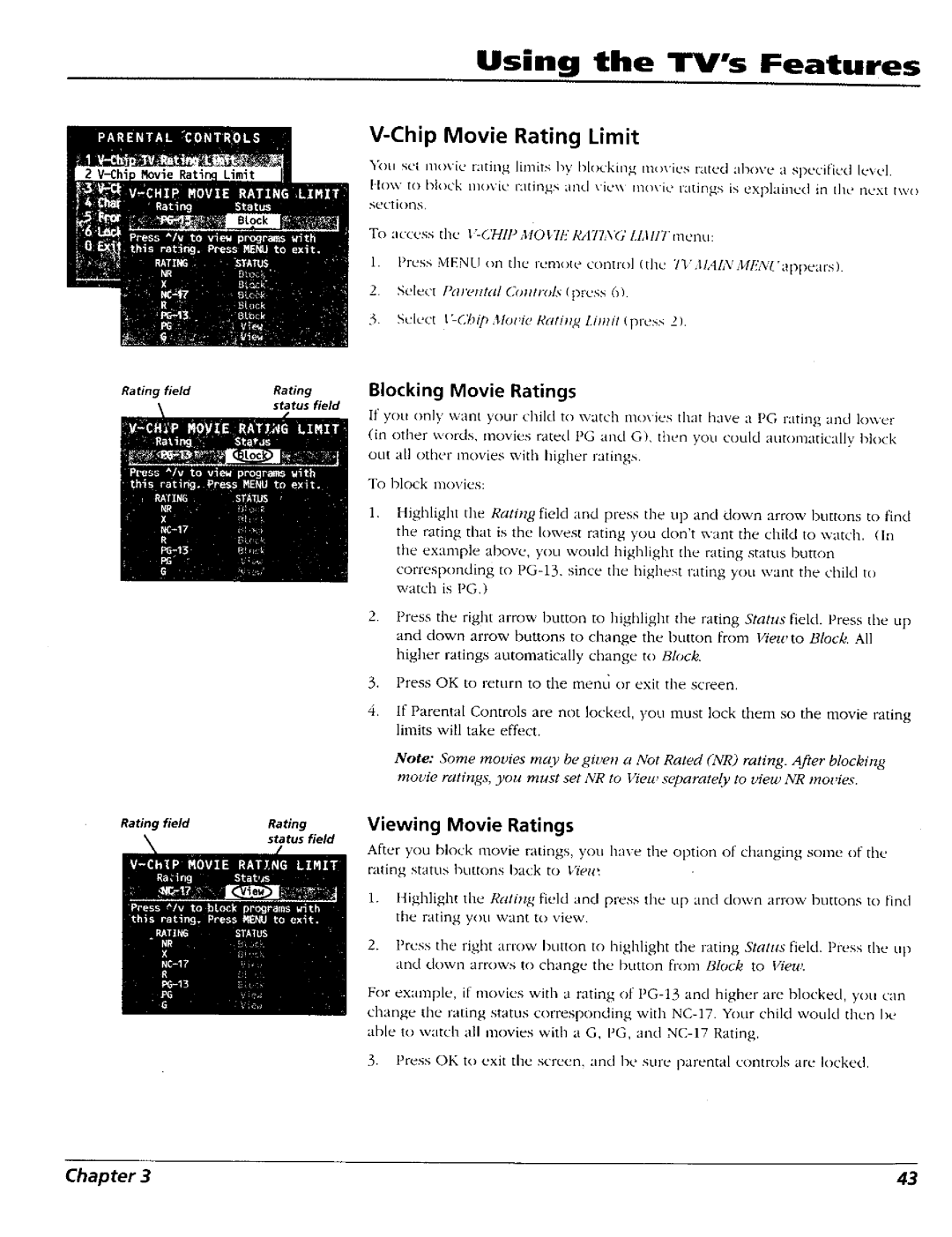 RCA 15491880 manual Chip Movie Rating Limit, Viewing Movie Ratings, Blocking Movie Ratings 