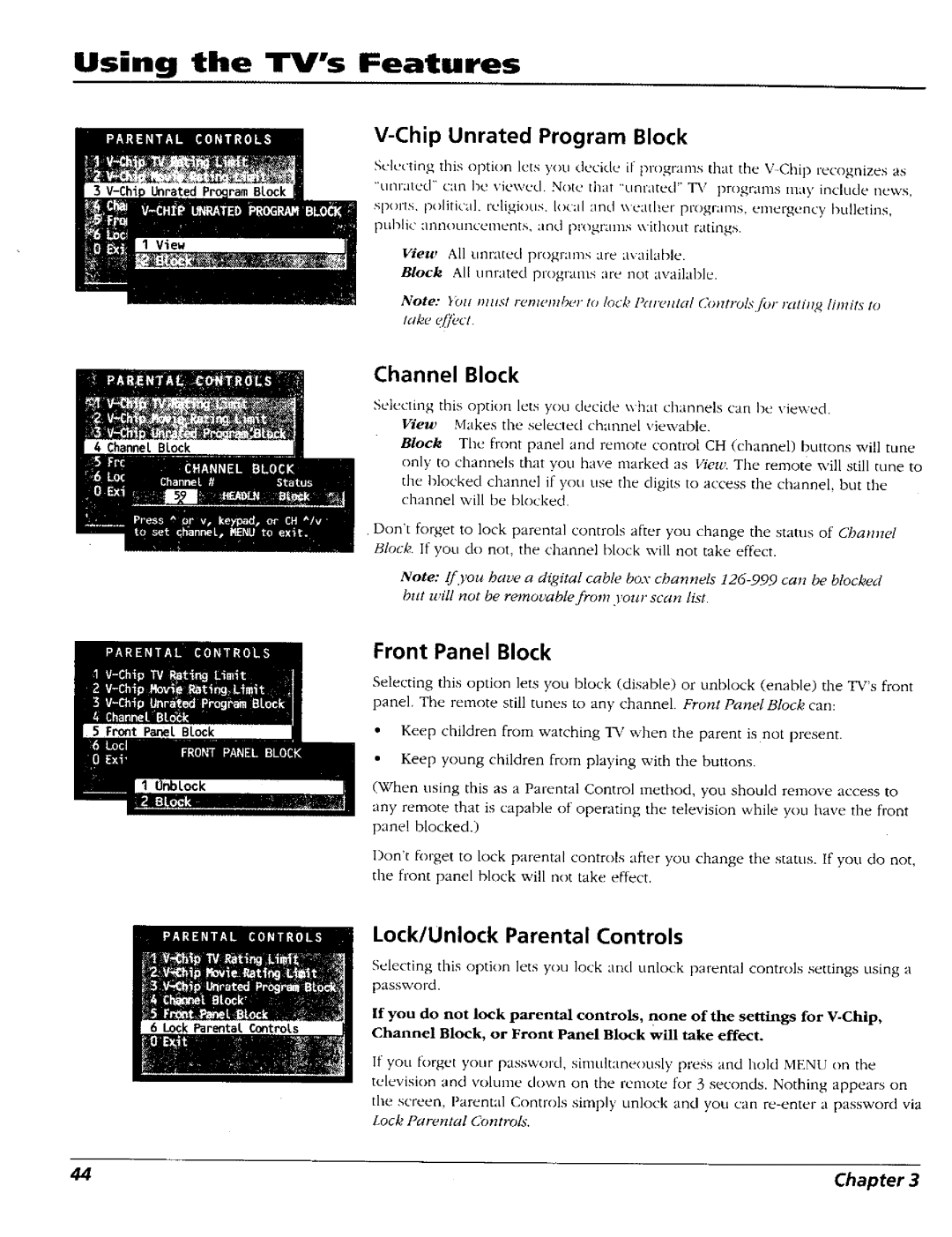 RCA 15491880 manual Chip Unrated Program Block, Front Panel Block, Channel Block, Lock/Unlock Parental Controls 