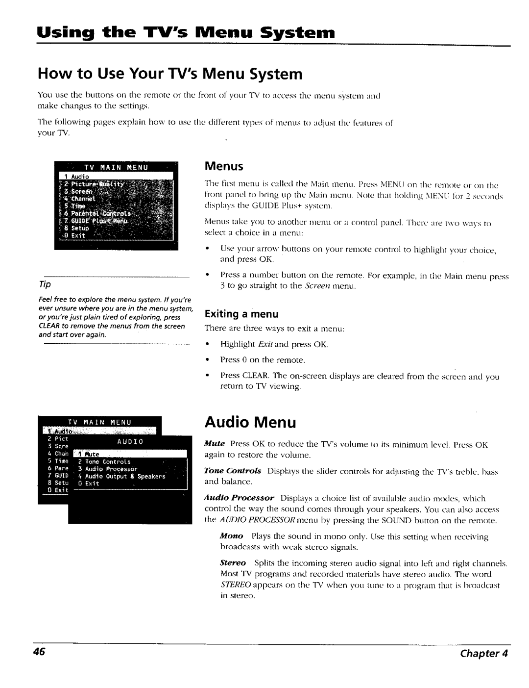 RCA 15491880 manual Using the TVs Menu System, How to Use Your TVsMenu System, Audio Menu, Menus, Exiting a menu 