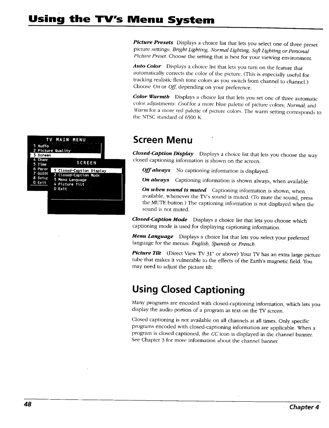 RCA 15491880 manual Using Closed Captioning, Screen Menu 