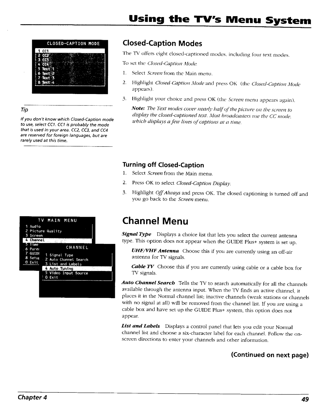 RCA 15491880 manual Channel Menu, Closed-Caption Modes 