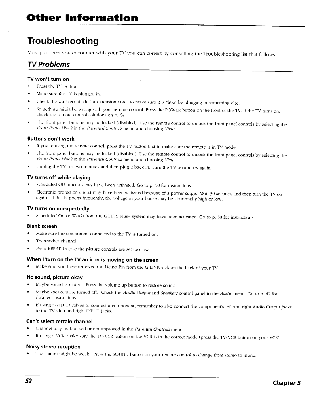 RCA 15491880 manual Troubleshooting, Other Information 