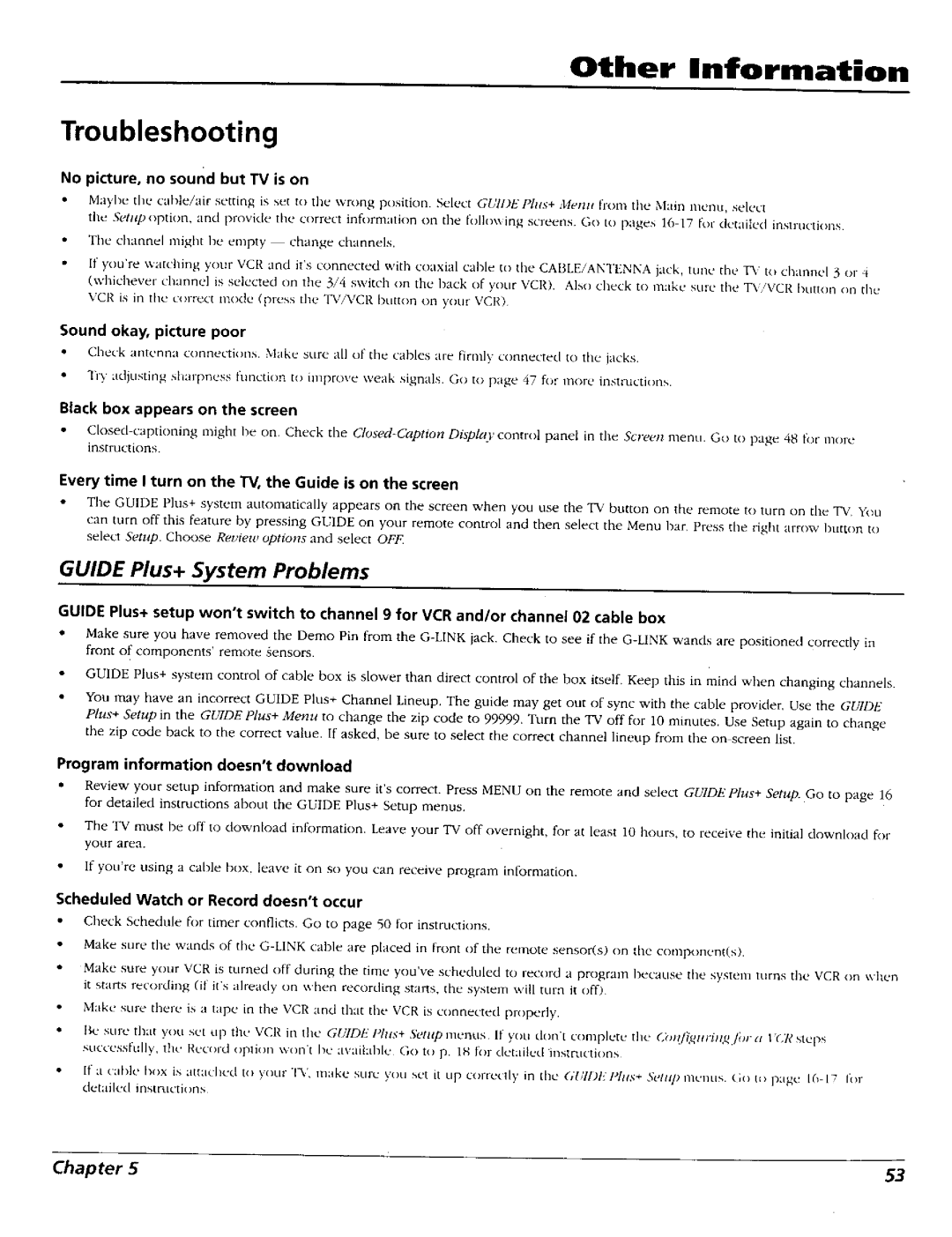 RCA 15491880 manual Other Information Troubleshooting, Black box appears on the screen 