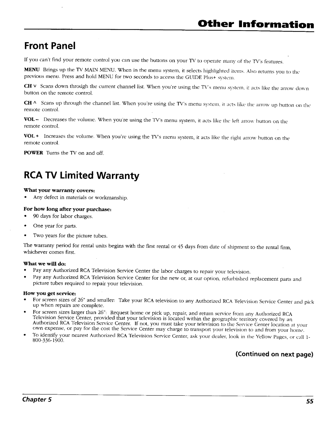 RCA 15491880 manual Other Information Front Panel, RCA TV Limited Warranty 