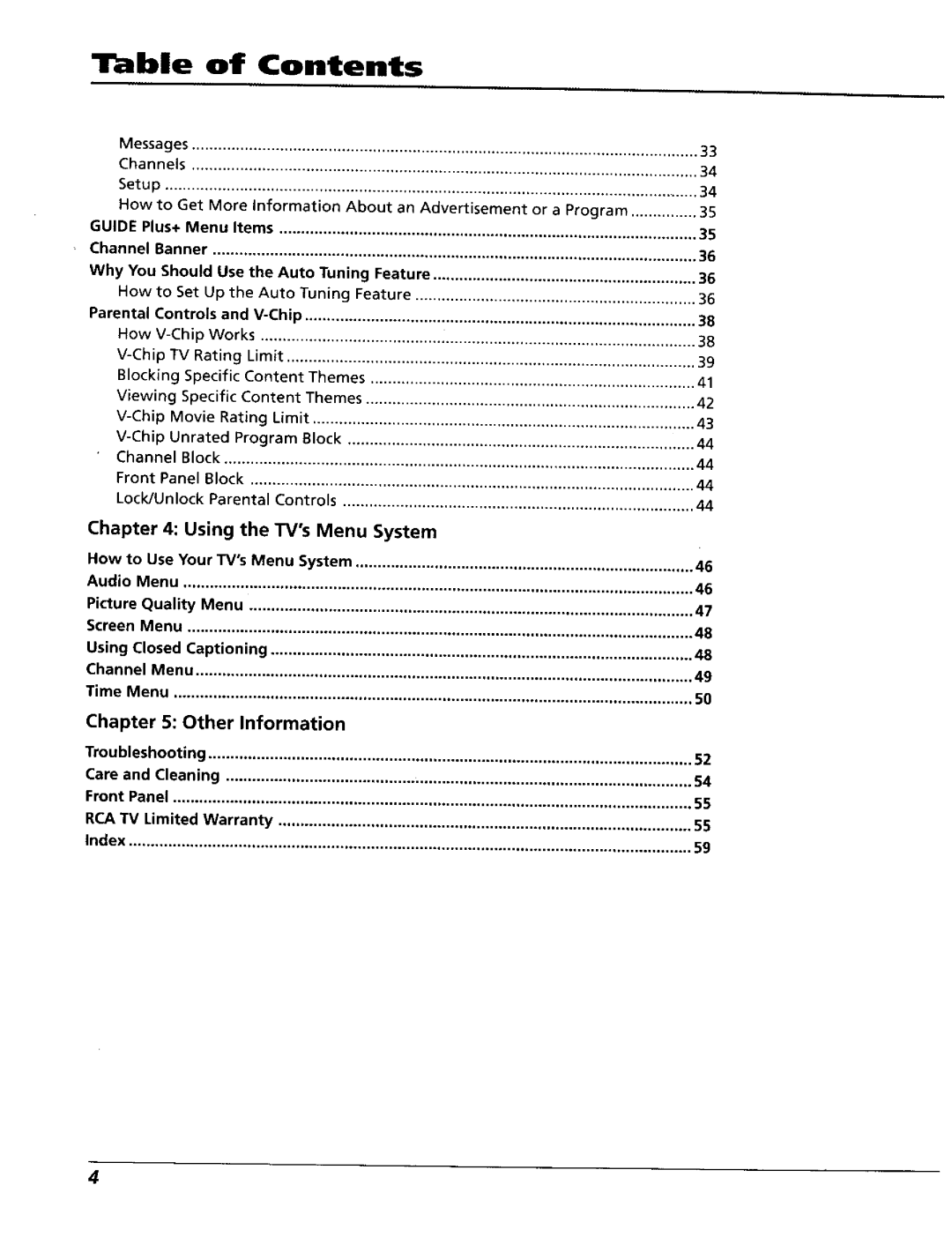 RCA 15491880 manual Table of Contents 