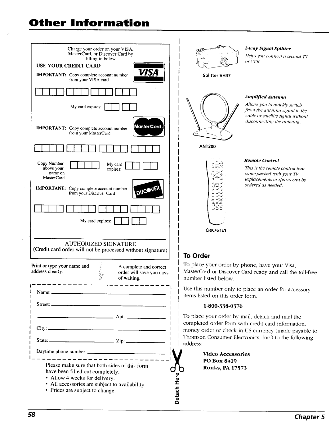 RCA 15491880 manual Visa, To Order 